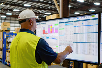 Manager reviewing inventory dashboard on a large screen, workers loading pallets in background