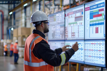 Manager reviewing inventory dashboard on a large screen, workers loading pallets in background