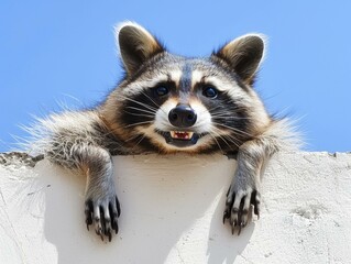 Fototapeta premium A raccoon looking over a wall with a playful grin. AI.