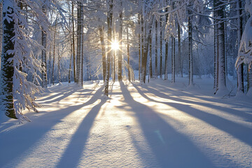 Snow-covered trees in a forest, sunlight breaking through, casting long shadows on ground