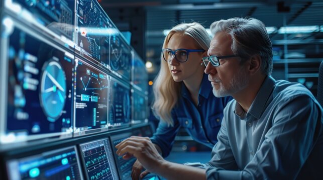 A team of cybersecurity experts analyzing potential threats on a digital dashboard, with real-time data and security alerts being monitored in a secure computer lab.