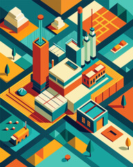 From above an aerial view reveals a patchwork of industrial complexes dotting the landscape.. Vector illustration
