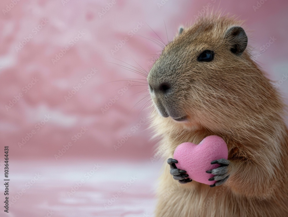 Wall mural A cute capybara holding a pink heart. AI.