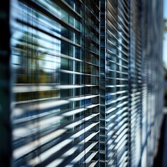 A close-up of metal blinds on a window. AI.