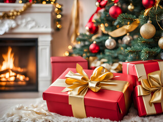 Obraz premium Closeup of red Christmas gift box with golden ribbon next to decorated Christmas tree and burning fireplace