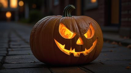 Fototapeta premium A carved jack-o'-lantern pumpkin sits on a brick pathway with a warm, glowing light emanating from its carved face.