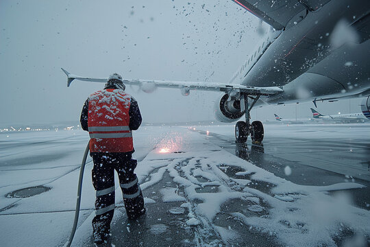 Aviation ground crew de-icing aircraft wings, snowflakes falling, airport runway frosty and slick