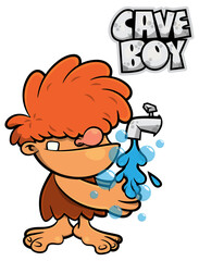 Little Caveman cartoon characters washing hands with running water. Best for sticker, logo, and mascot with healthy lifestyle themes for kid