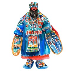 Watercolor Painting of a Man in Traditional Clothing with Snowshoes.