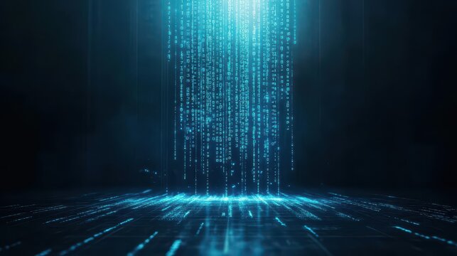 A digital waterfall of binary numbers pouring into an empty void, front view, illustrating the boundless depth of digital data, robotic tone, Splitcomplementary color scheme