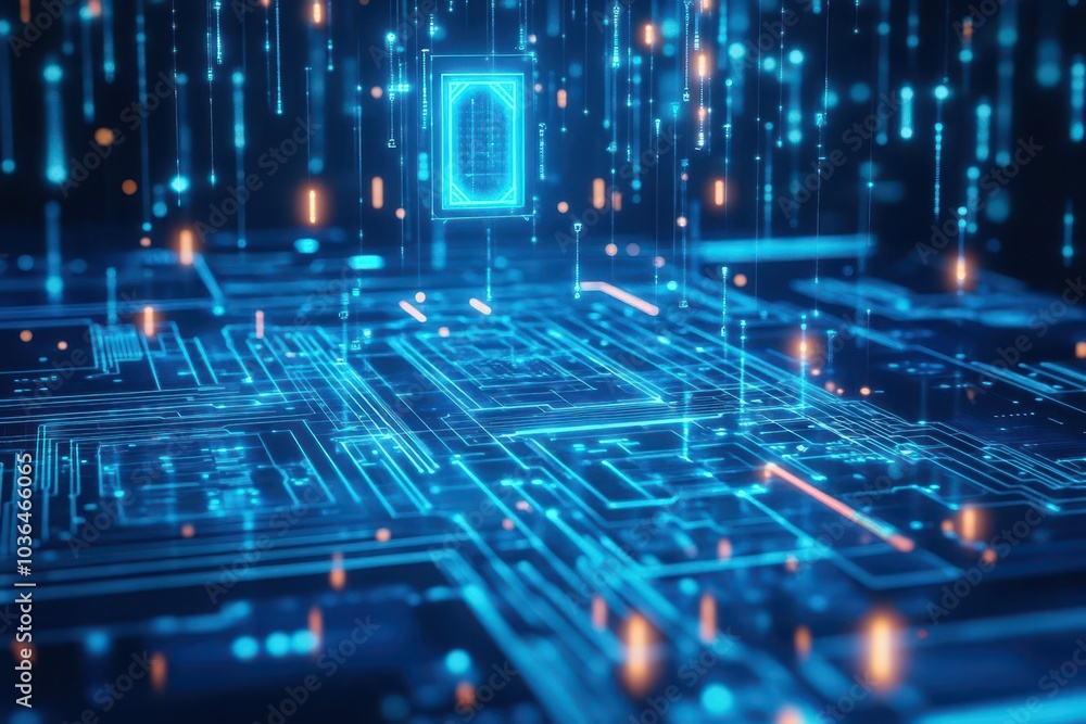 Poster a glowing blue circuit board with complex neon lines and geometric shapes, holographic elements floa