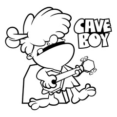 Little Caveman cartoon characters singing and playing guitar with speakers was made from stones, woods, and bones. Best for outline, logo, and coloring book with musical themes for kid