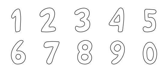 Doodle number, set numeric outline comic figure. 1 to 0 hand drawn numbers. Sketch marker stroke.