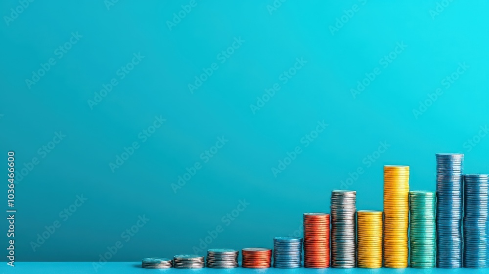 Poster a path of coins leading to a rising bar graph, flat design, side view, financial goals theme, animat