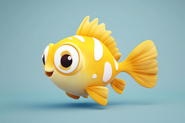 A cheerful, cartoon-style yellow fish with white spots swimming happily.