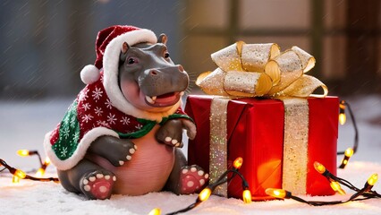Fototapeta premium Cute Hippo Christmas Theme