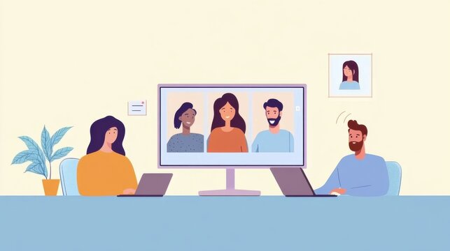 A group of friends having a virtual meeting on a video conference platform, Modern lifestyle scene, Social style