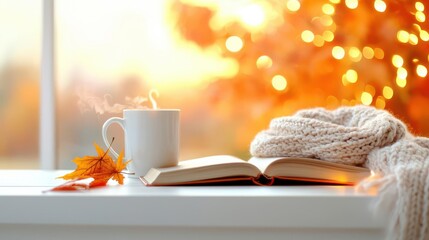 Cozy autumn scene with a knitted scarf and a book, Seasonal, Comfort
