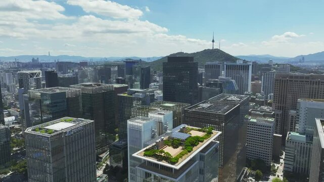 Drone View of Seoul city in South Korea, Jongno, Gwanghwamun Square, Summer 60fps