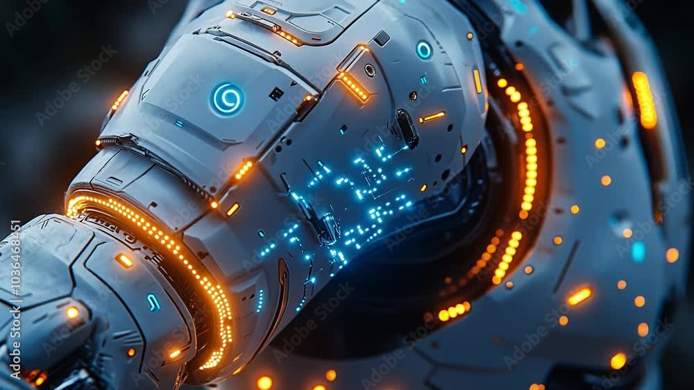 Poster This close-up view of a high-tech robotic arm illuminated by vibrant lights and intricate details. Exoskeleton