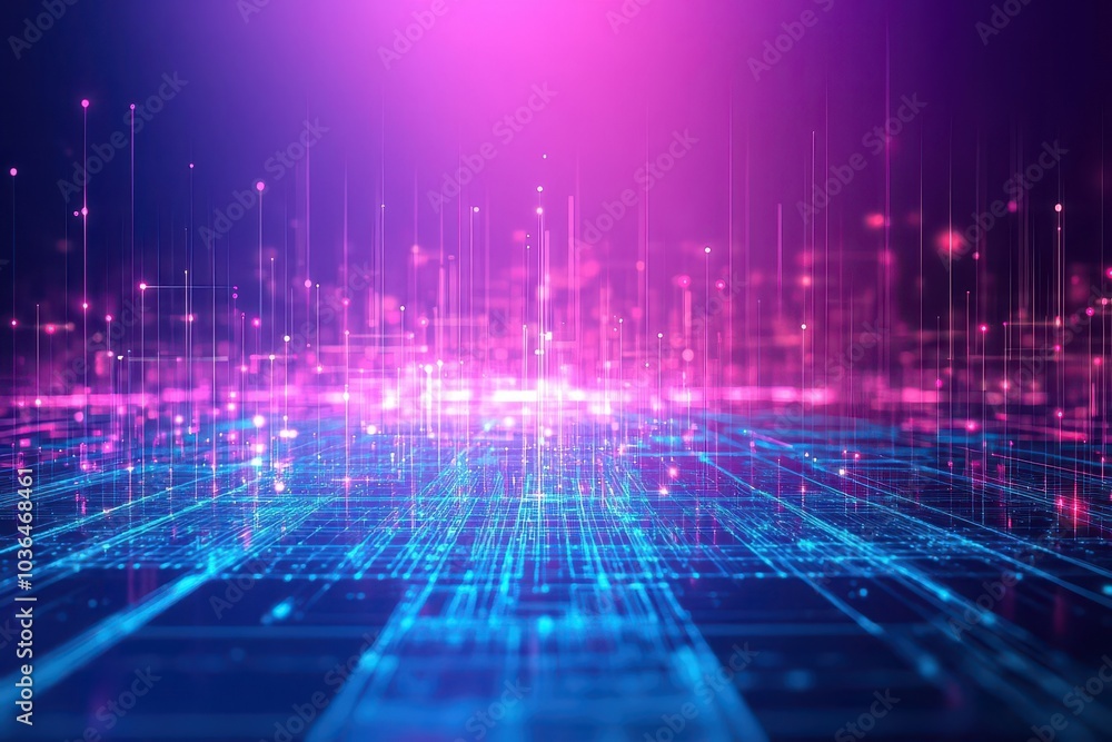 Poster abstract city with digital grids and glowing lines between buildings close up