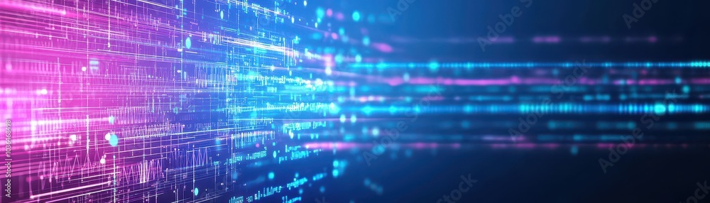Aufkleber Abstract cyber data flow, tech particles, floating data lines, neon light gradient, digital innovation
