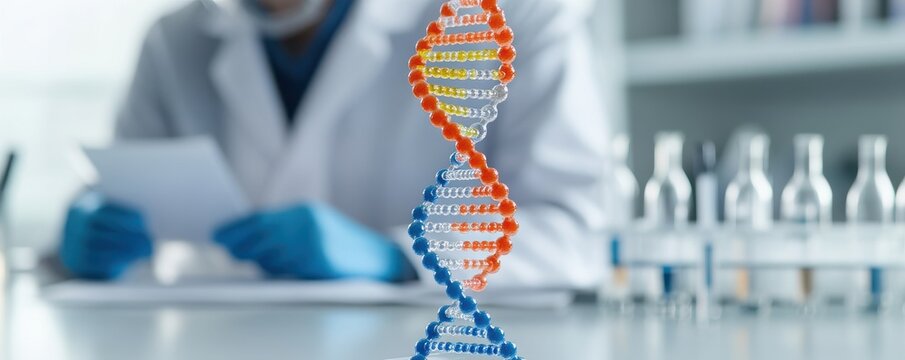 A scientist examines DNA structure in a laboratory, showcasing research and innovation in genetics.