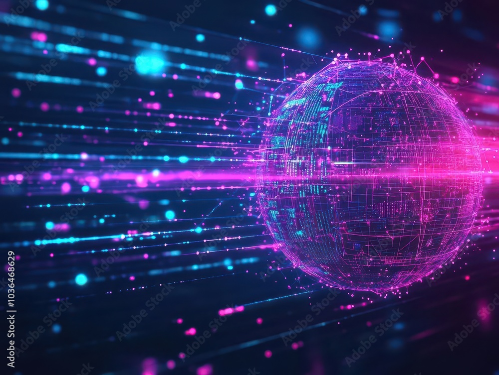 Poster abstract data spheres, holographic particles, glowing streams, dark tech grid, futuristic tech art