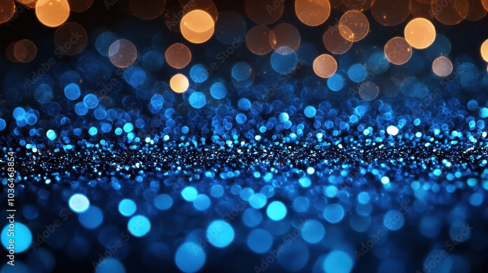 Poster shimmering blue and golden bokeh lights create a magical atmosphere in a dimly lit setting during an