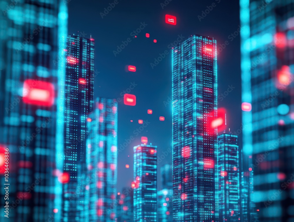 Poster abstract digital cityscape, tall buildings made of data codes, glowing red alerts floating in the sk