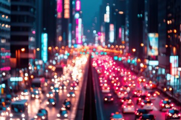 Fototapeta premium High-angle shot of a crowded city street at night, Urban, Energy