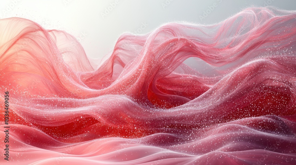 Poster soft flowing waves of vibrant pink and red fabric create an ethereal atmosphere in a serene setting 
