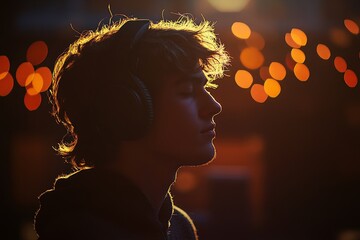 Tranquil young man listening to music in studio silhouette, Generative AI