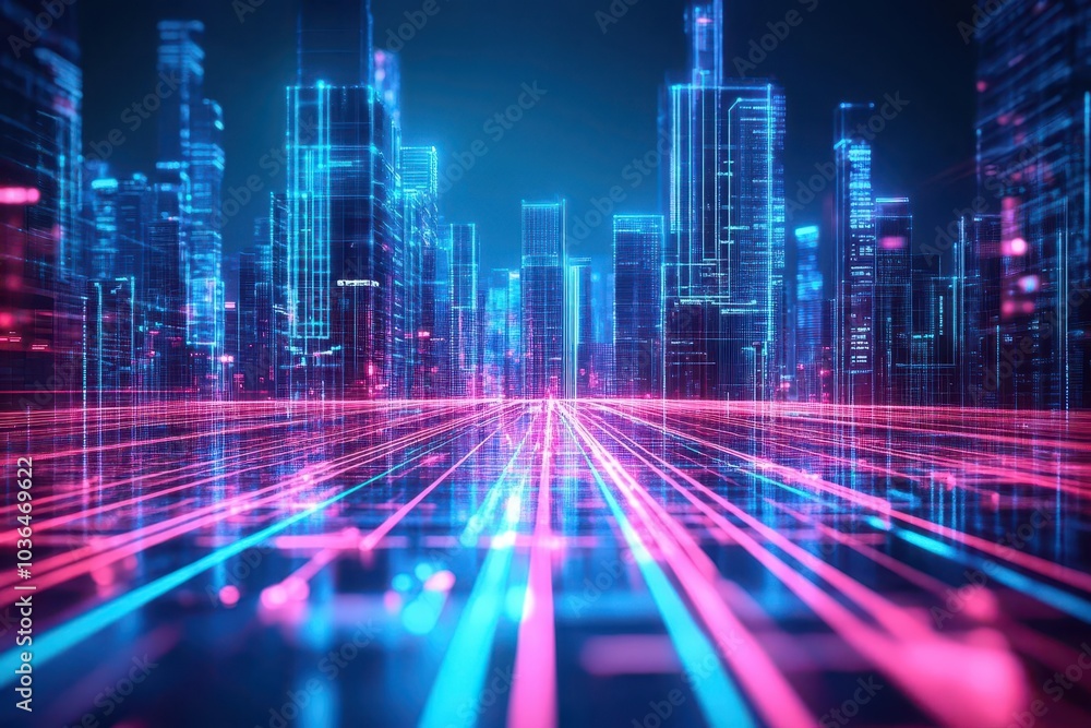 Aufkleber abstract high tech skyline with neon beams crossing between buildings close up, focus on, copy space