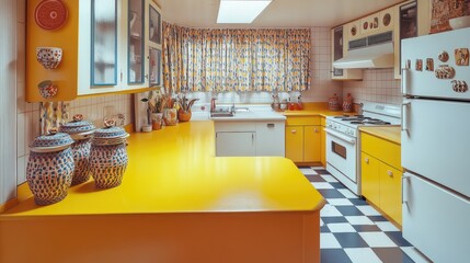A vibrant 1980s kitchen with bright yellow countertops