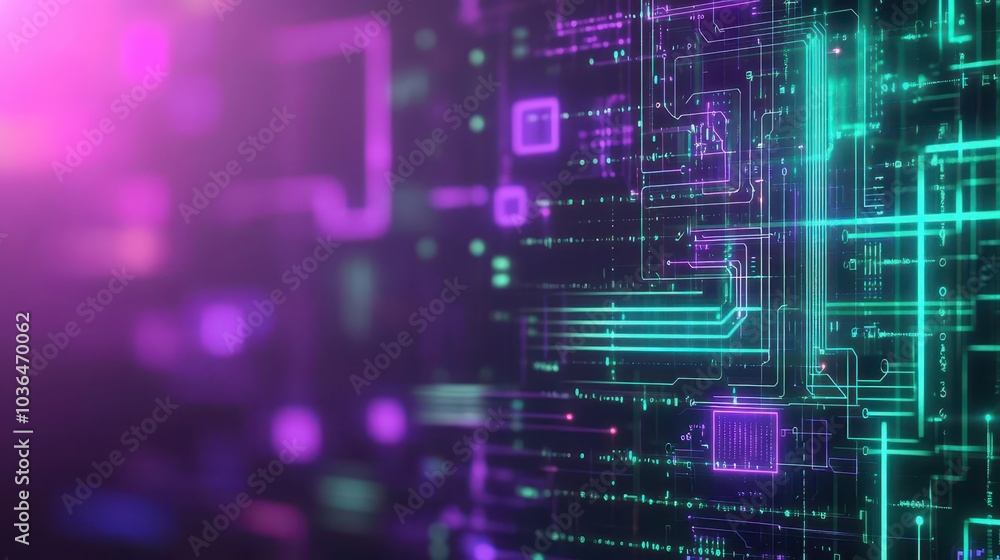 Poster abstract tech background with holographic circuit layers, glowing data waves, vibrant neon lights in