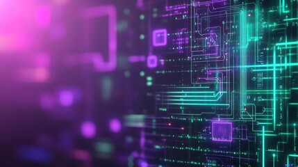 Obraz premium Abstract tech background with holographic circuit layers, glowing data waves, vibrant neon lights in purple and green, futuristic AI processing, digital art
