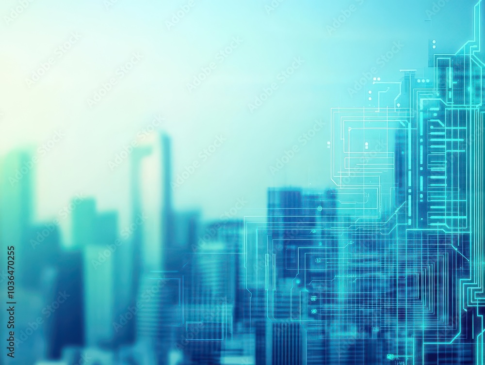 Poster Abstract techinspired city skyline with circuit patterns on buildings close up