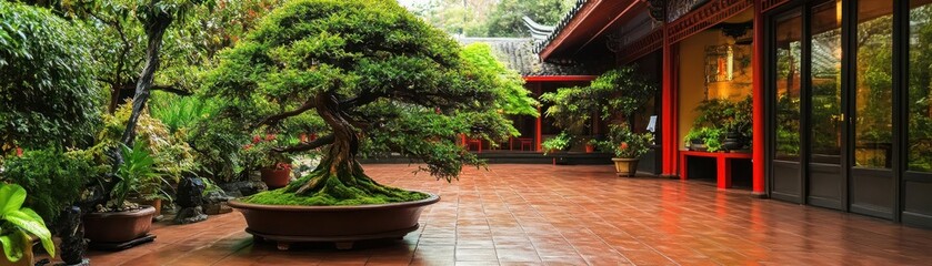 A bonsai tree sits in a pot on a patio in front of a building.