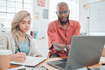 Teamwork, laptop and planning with business people in office for visual merchandiser, campaign layout or branding. Creative director, idea and consulting with employee for design, launch and project