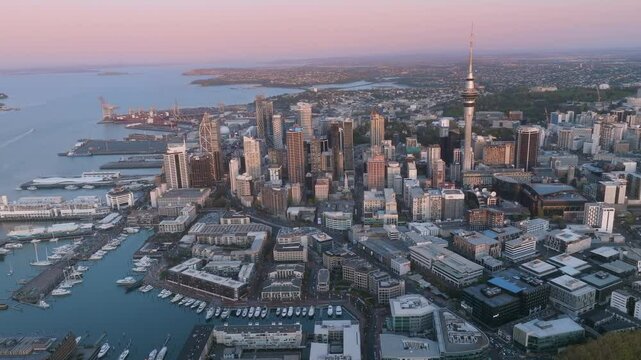 Aerial: Panoramic view of Auckland city skyline from viaduct harbour, New Zealand