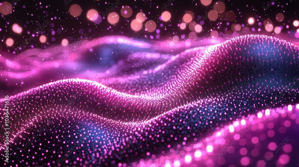 Poster colorful abstract waves of light and sparkle creating a mesmerizing digital landscape in a dark back