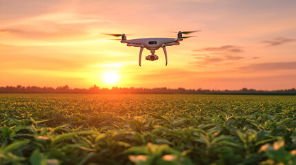 A drone flying over an agricultural field, carrying out aerial photography equipment for the food industry using AI technology and camera sensors to photograph crops, Generative AI	
