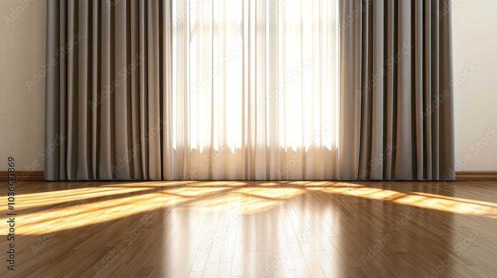 Poster sunlight streams through a window with curtains, illuminating a wooden floor.