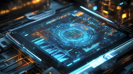 Obraz premium Diagrams projecting from tablet. 