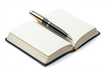 A sleek, open notebook with blank pages and a stylish pen resting on top, ready for thoughts and ideas.