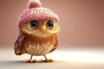Obraz premium A cute cartoon owl wearing a pink knitted hat, showcasing a whimsical and playful design.