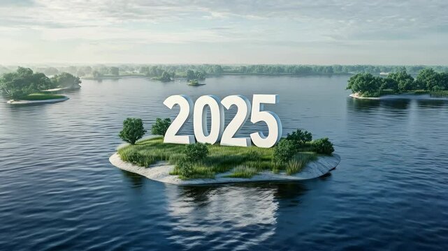 new year 2025 on it. The sign is on a small island in the middle of a large lake ESG Environmental, social, and governance, carbon reduction net zero and climate change
