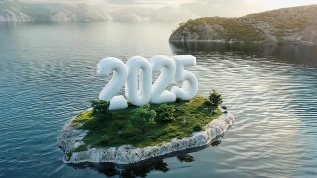 new year 2025 on it. The sign is on a small island in the middle of a large lake ESG Environmental, social, and governance, carbon reduction net zero and climate change