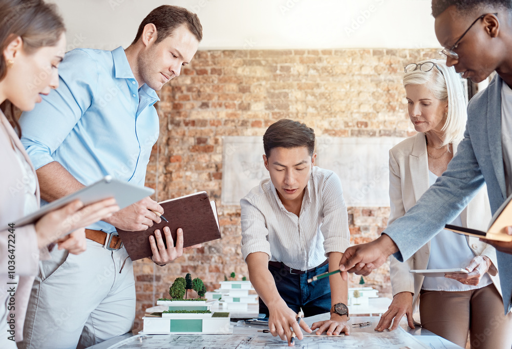 Poster architecture, blueprint and business people in office with documents for planning, engineering and b
